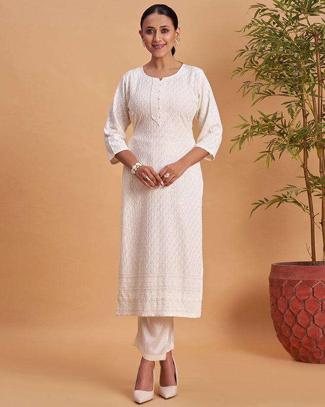 Women's Chikankari Embroidered Ethnic Motif Sequined Kurti