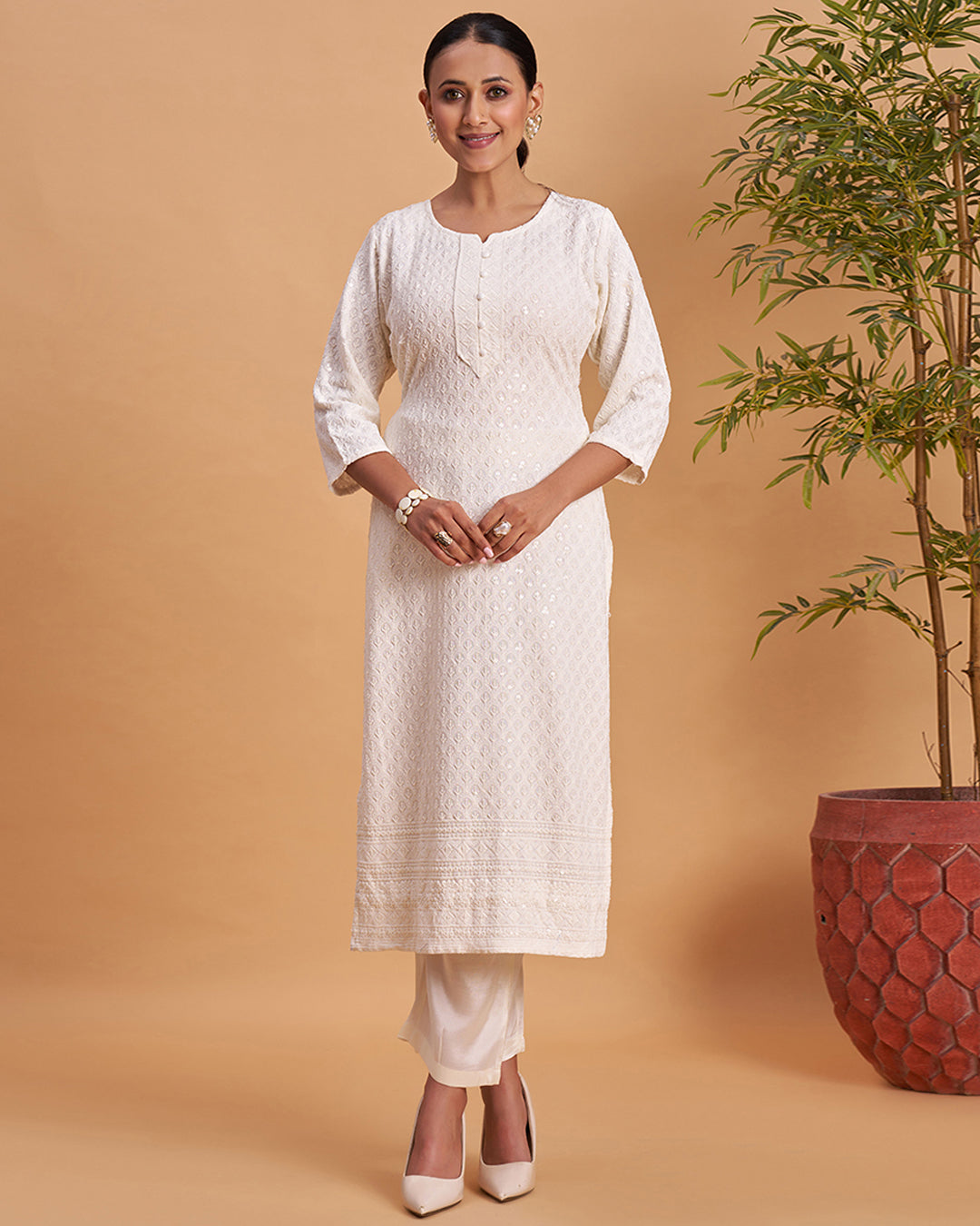 Women's Chikankari Embroidered Ethnic Motif Sequined Kurti