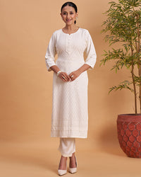 Women's Chikankari Embroidered Ethnic Motif Sequined Kurti
