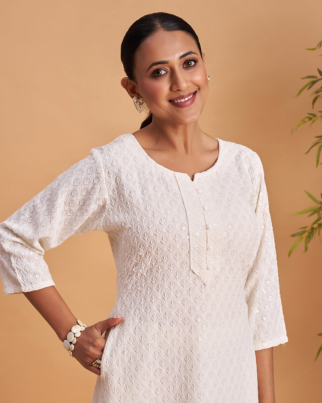 Women's Chikankari Embroidered Ethnic Motif Sequined Kurti