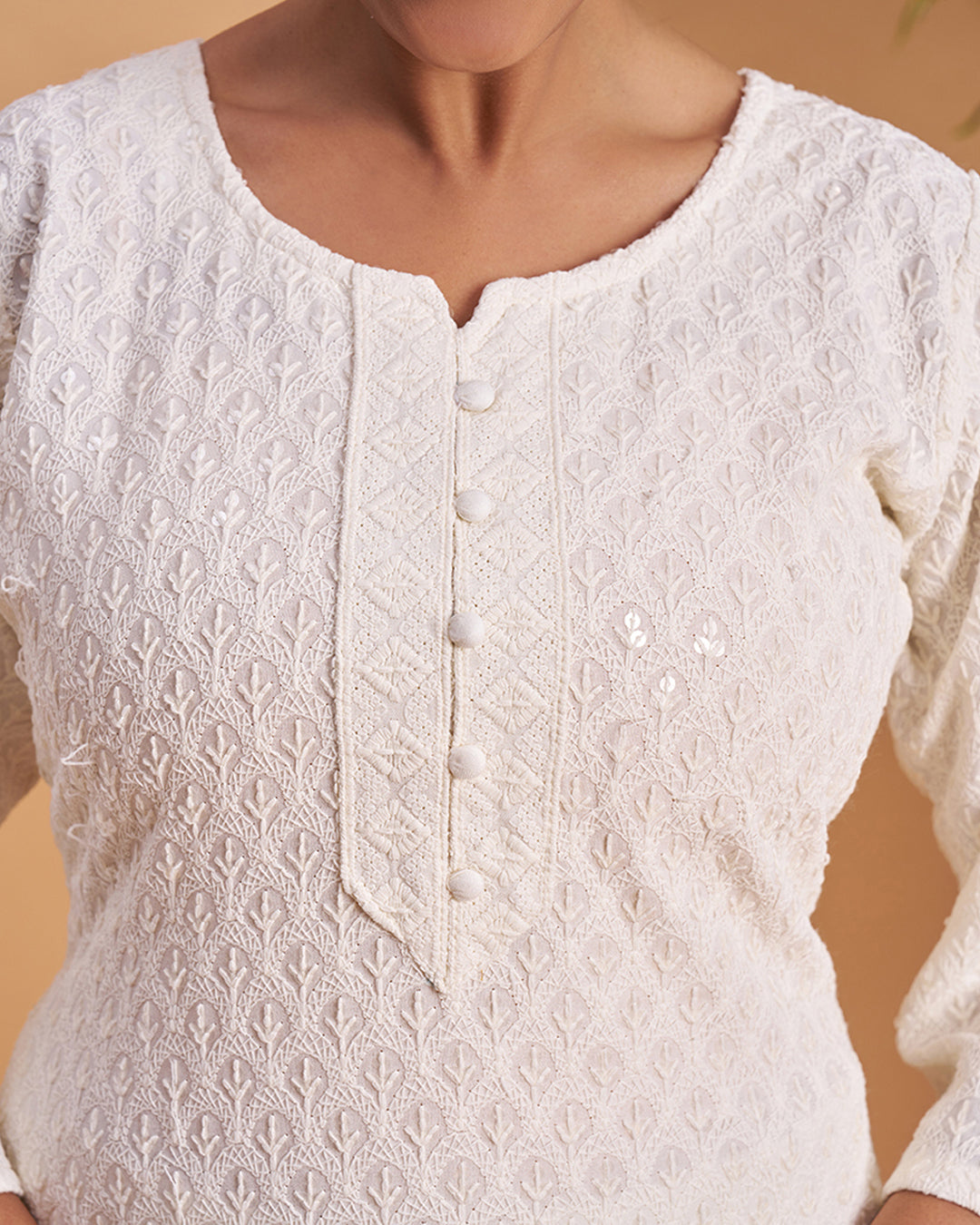 Women's Chikankari Embroidered Ethnic Motif Sequined Kurti
