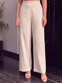 Women's Light Ivory Linen Embellished Kurta with Trouser and Dupatta