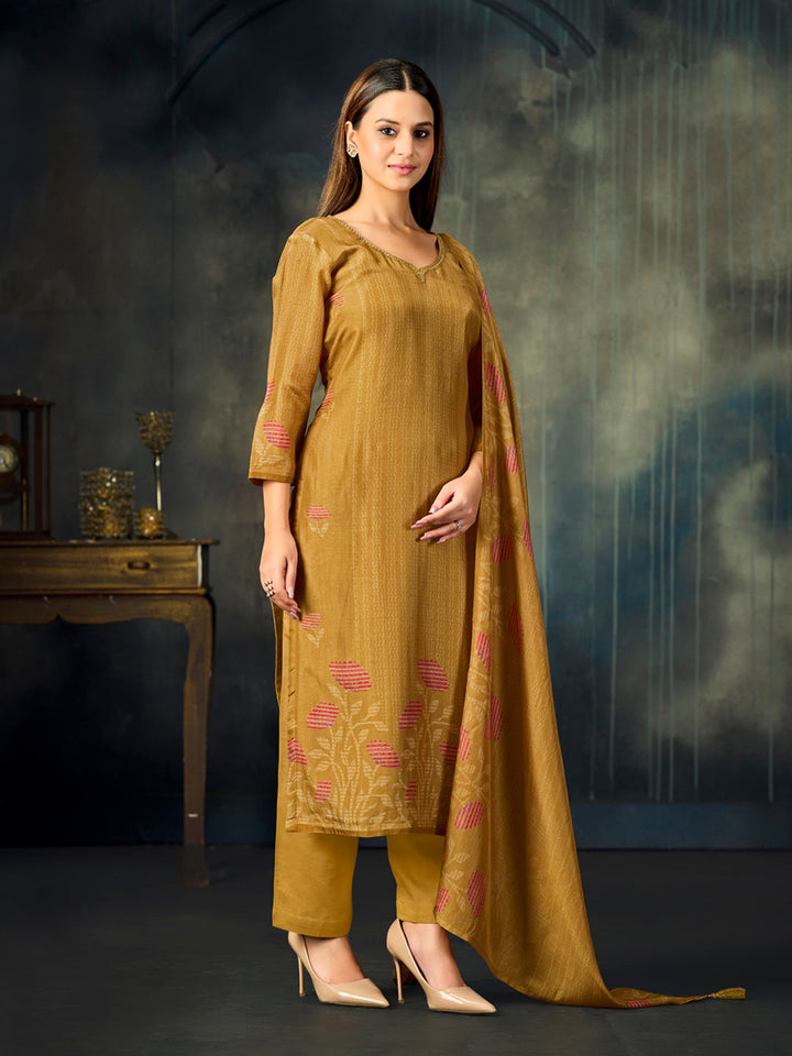 Mustard Printed With Handwork Straight Kurta With Dyed Trousers And Printed Dupatta