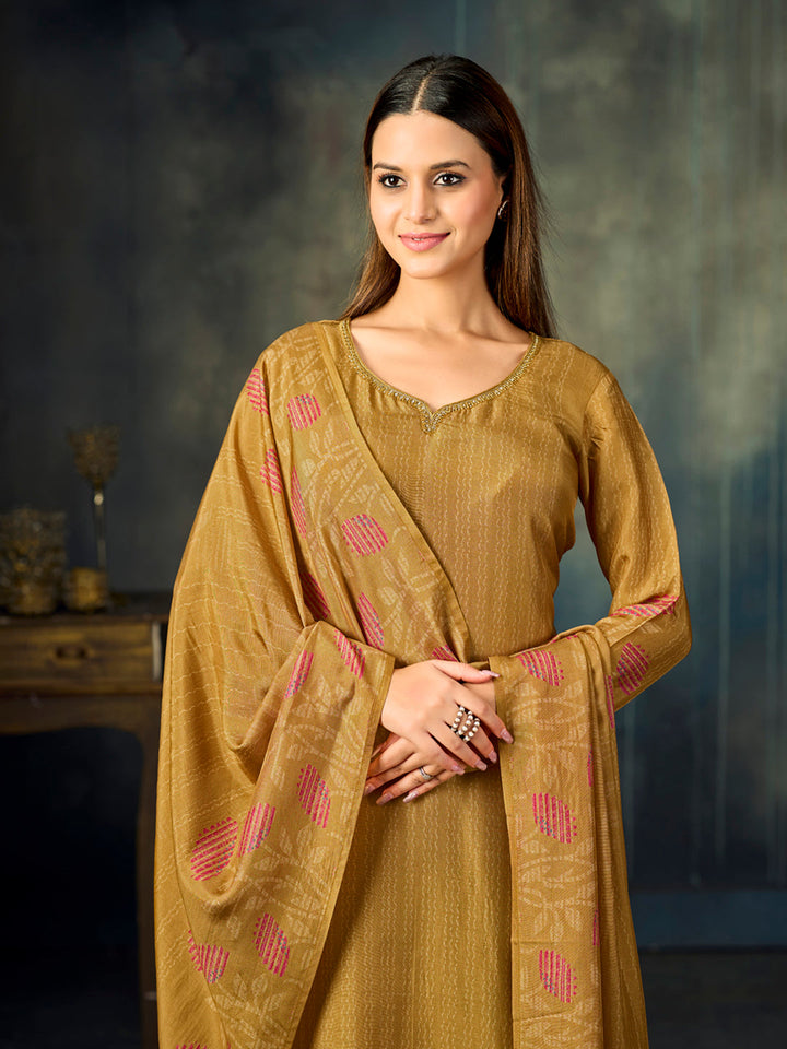 Mustard Printed With Handwork Straight Kurta With Dyed Trousers And Printed Dupatta