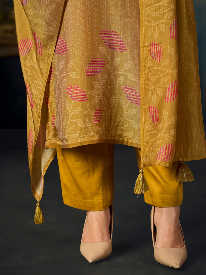 Mustard Printed With Handwork Straight Kurta With Dyed Trousers And Printed Dupatta