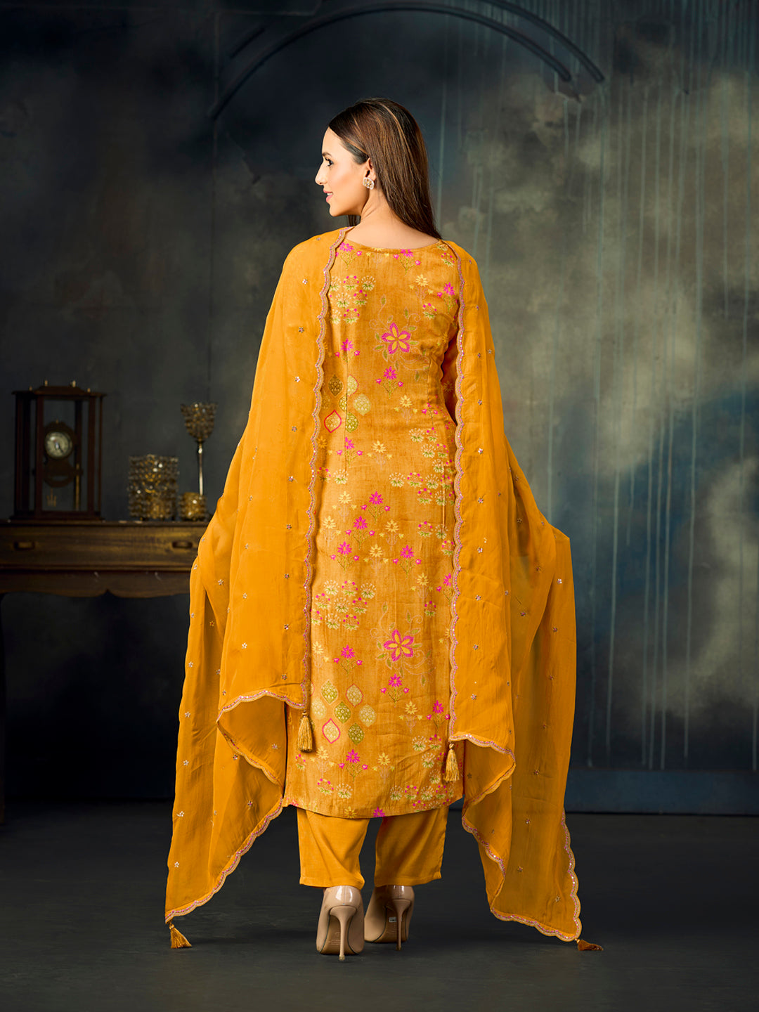 Mustard Printed With Handwork Straight Kurta With Dyed Trousers And Embroidered Dupatta