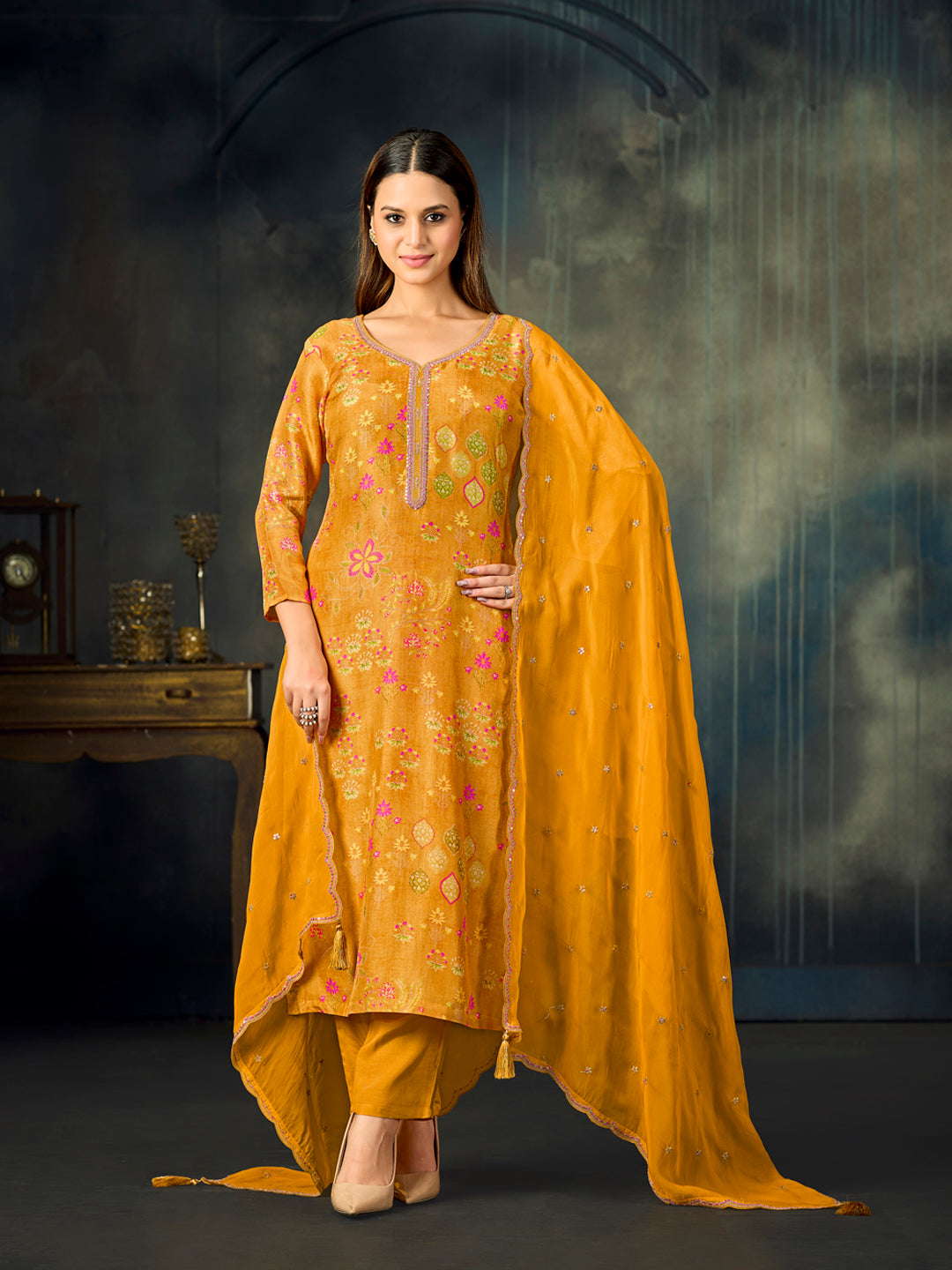 Mustard Printed With Handwork Straight Kurta With Dyed Trousers And Embroidered Dupatta