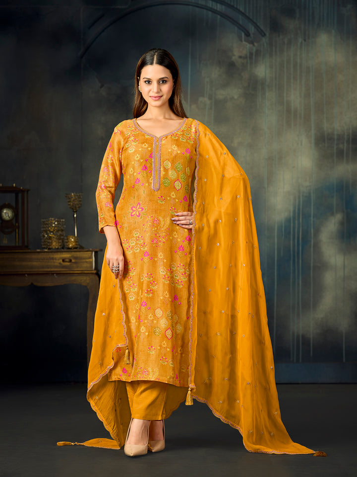 Mustard Printed With Handwork Straight Kurta With Dyed Trousers And Embroidered Dupatta