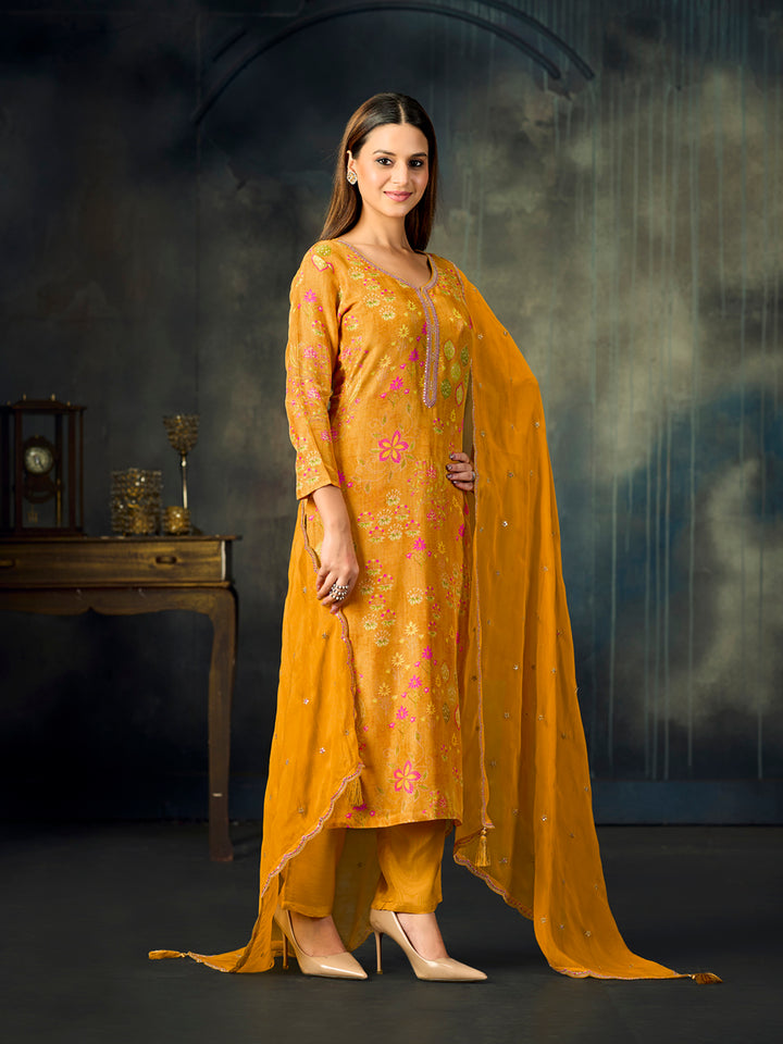 Mustard Printed With Handwork Straight Kurta With Dyed Trousers And Embroidered Dupatta
