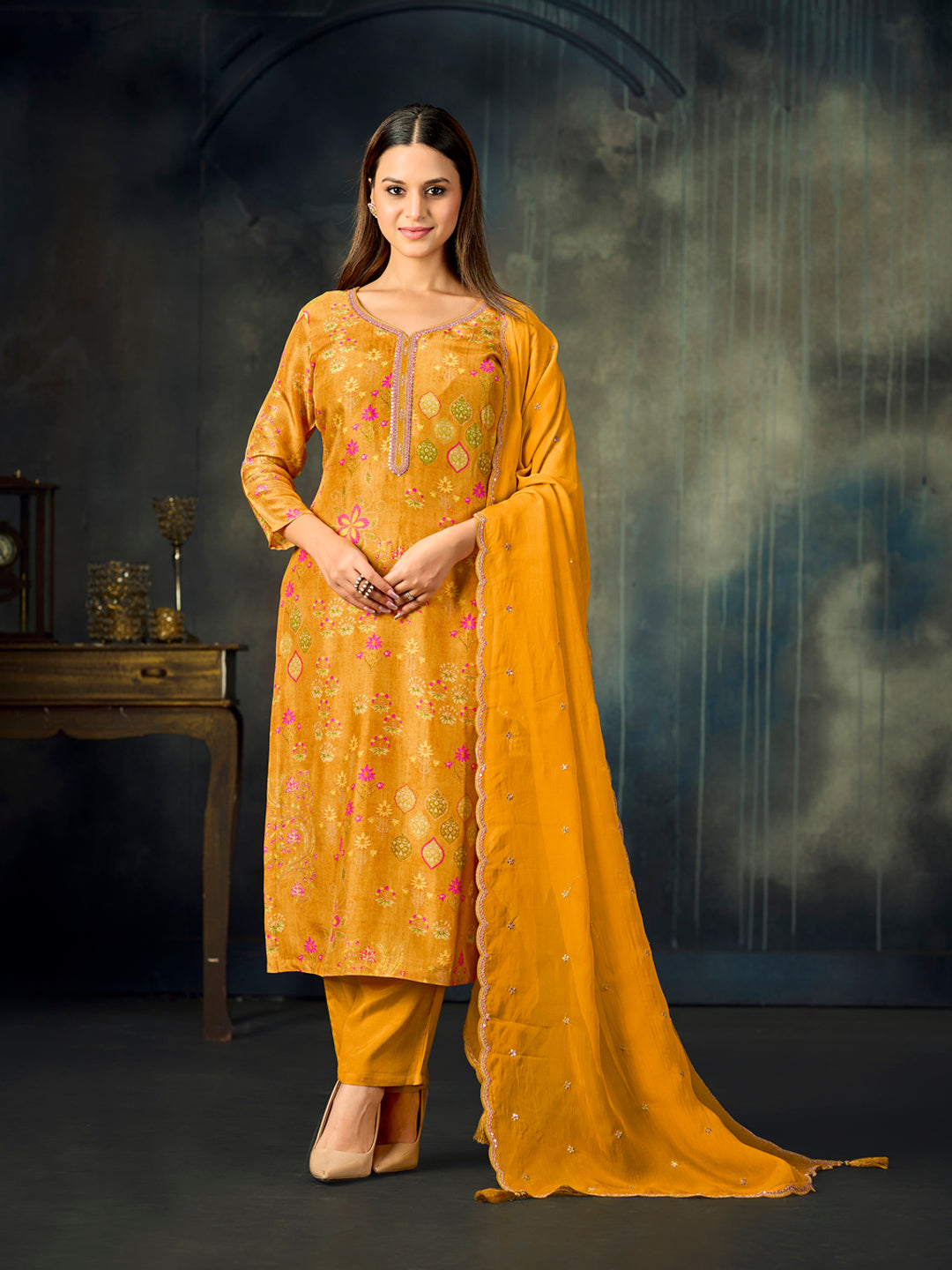 Mustard Printed With Handwork Straight Kurta With Dyed Trousers And Embroidered Dupatta