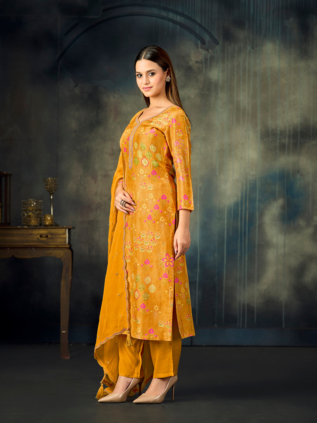 Mustard Printed With Handwork Straight Kurta With Dyed Trousers And Embroidered Dupatta