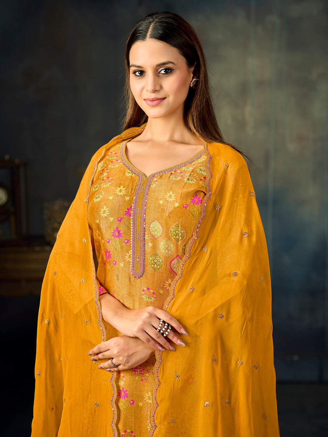 Mustard Printed With Handwork Straight Kurta With Dyed Trousers And Embroidered Dupatta