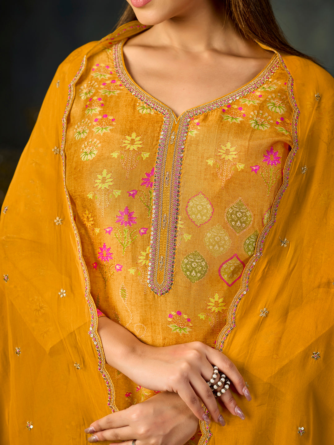 Mustard Printed With Handwork Straight Kurta With Dyed Trousers And Embroidered Dupatta