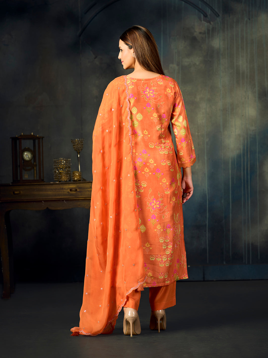 Orange Printed With Handwork Straight Kurta With Dyed Trousers And Embroidered Dupatta