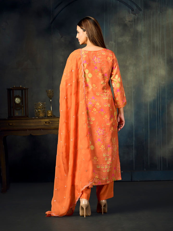 Orange Printed With Handwork Straight Kurta With Dyed Trousers And Embroidered Dupatta
