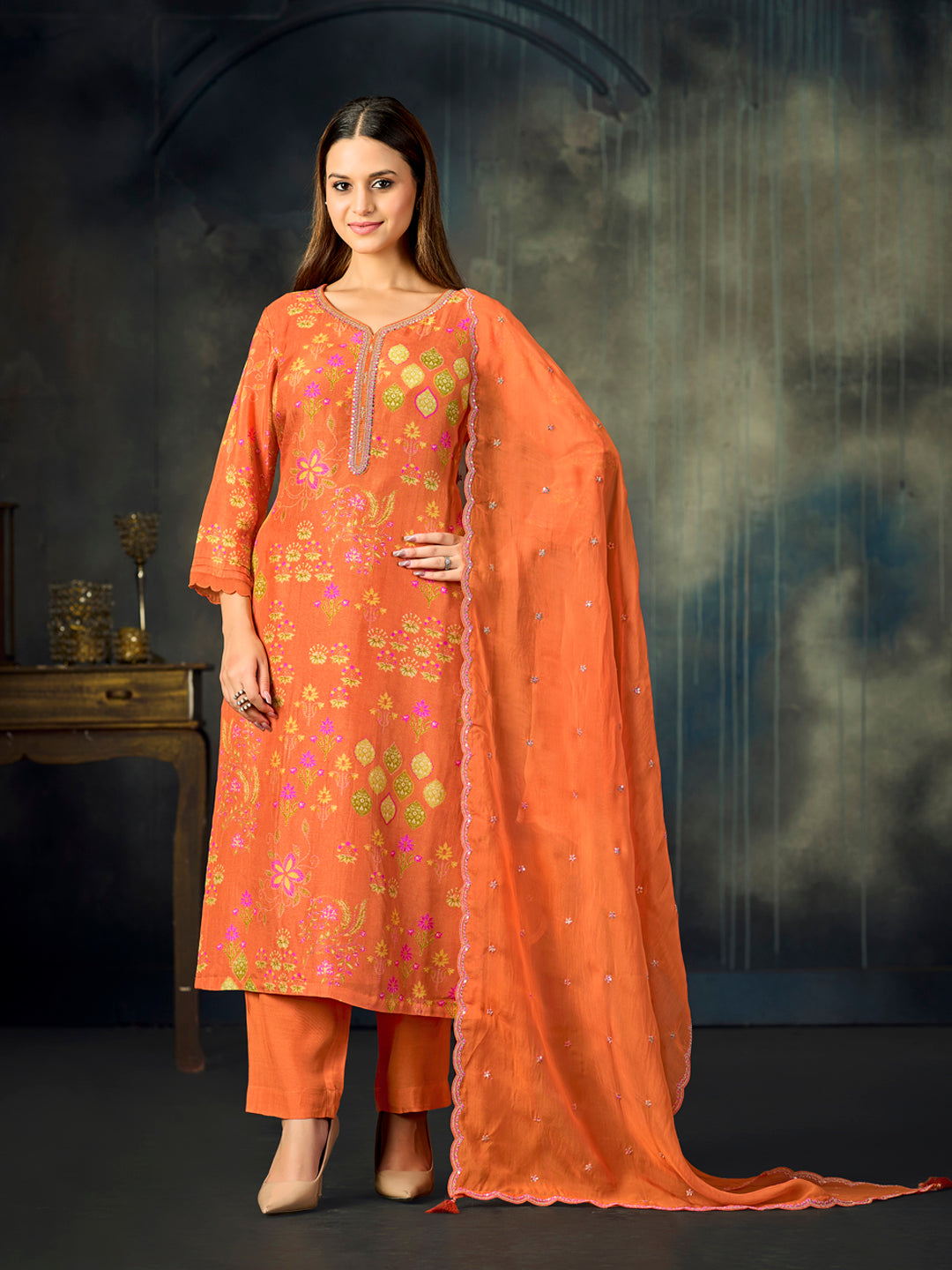 Orange Printed With Handwork Straight Kurta With Dyed Trousers And Embroidered Dupatta