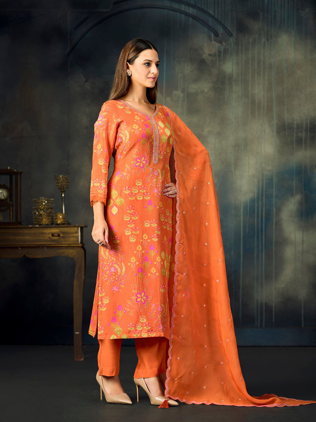 Orange Printed With Handwork Straight Kurta With Dyed Trousers And Embroidered Dupatta