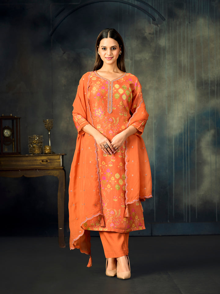 Orange Printed With Handwork Straight Kurta With Dyed Trousers And Embroidered Dupatta