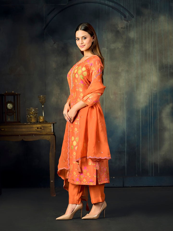 Orange Printed With Handwork Straight Kurta With Dyed Trousers And Embroidered Dupatta