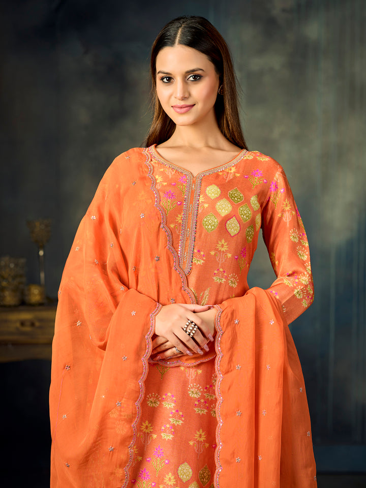 Orange Printed With Handwork Straight Kurta With Dyed Trousers And Embroidered Dupatta