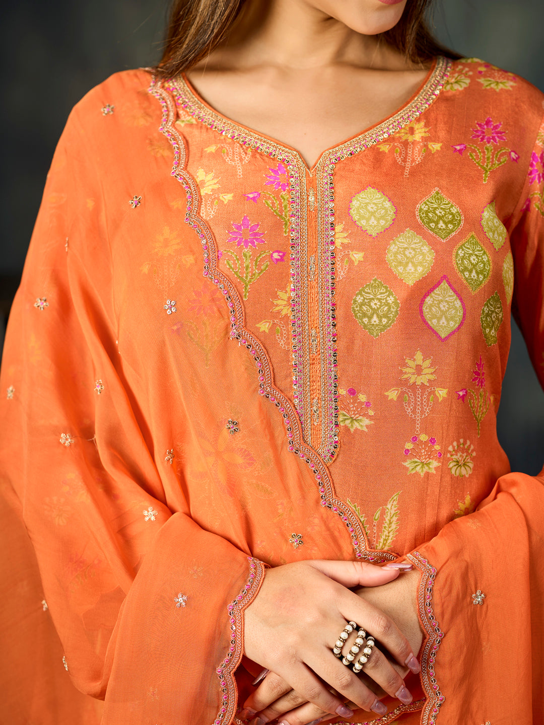 Orange Printed With Handwork Straight Kurta With Dyed Trousers And Embroidered Dupatta