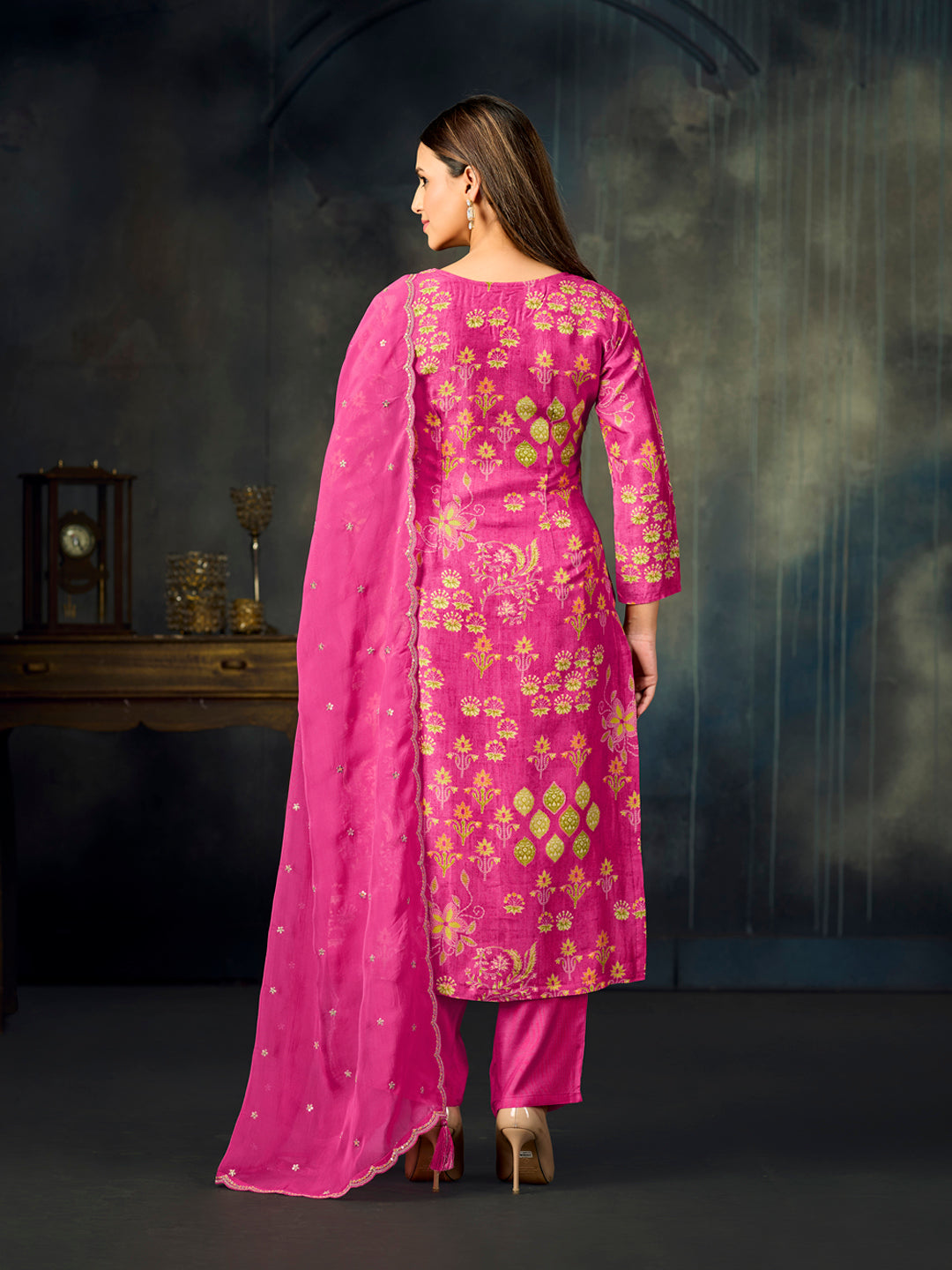 Pink Printed With Handwork Straight Kurta With Dyed Trousers And Embroidered Dupatta