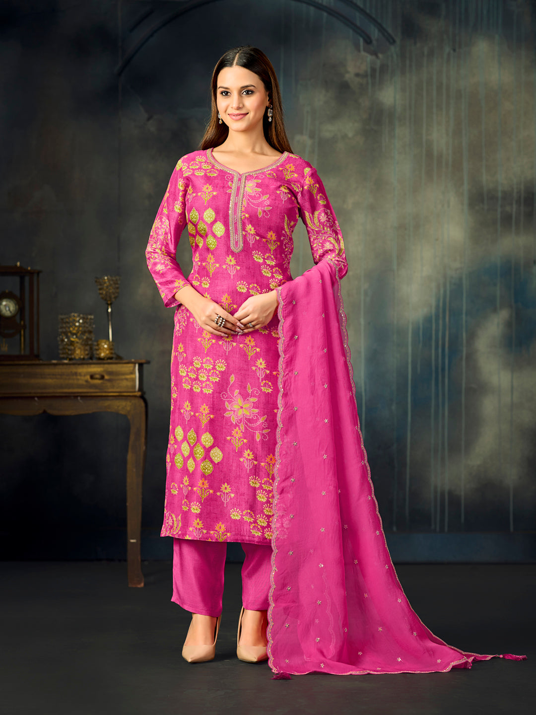 Pink Printed With Handwork Straight Kurta With Dyed Trousers And Embroidered Dupatta