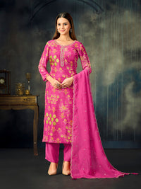 Pink Printed With Handwork Straight Kurta With Dyed Trousers And Embroidered Border Dupatta
