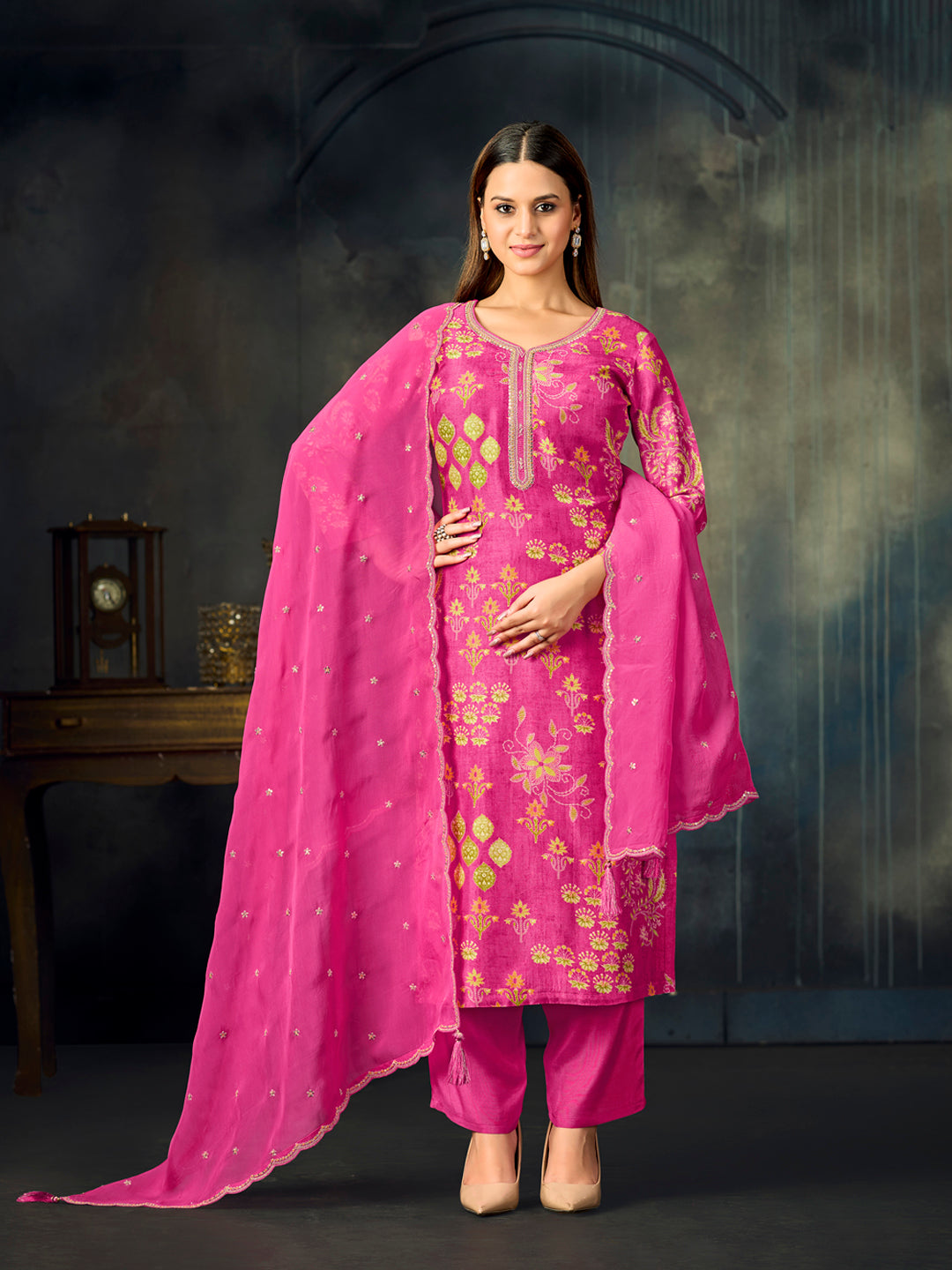 Pink Printed With Handwork Straight Kurta With Dyed Trousers And Embroidered Dupatta