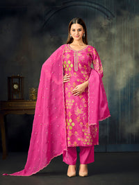 Pink Printed With Handwork Straight Kurta With Dyed Trousers And Embroidered Border Dupatta