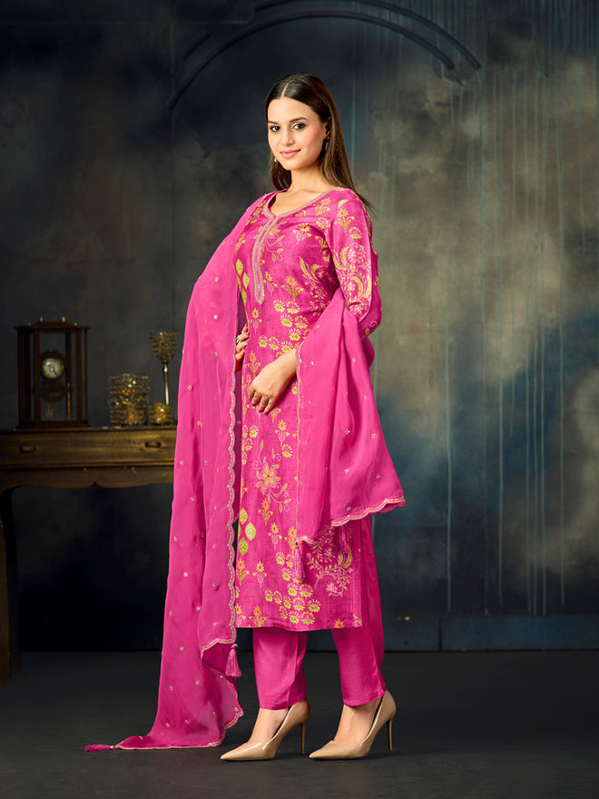 Pink Printed With Handwork Straight Kurta With Dyed Trousers And Embroidered Border Dupatta