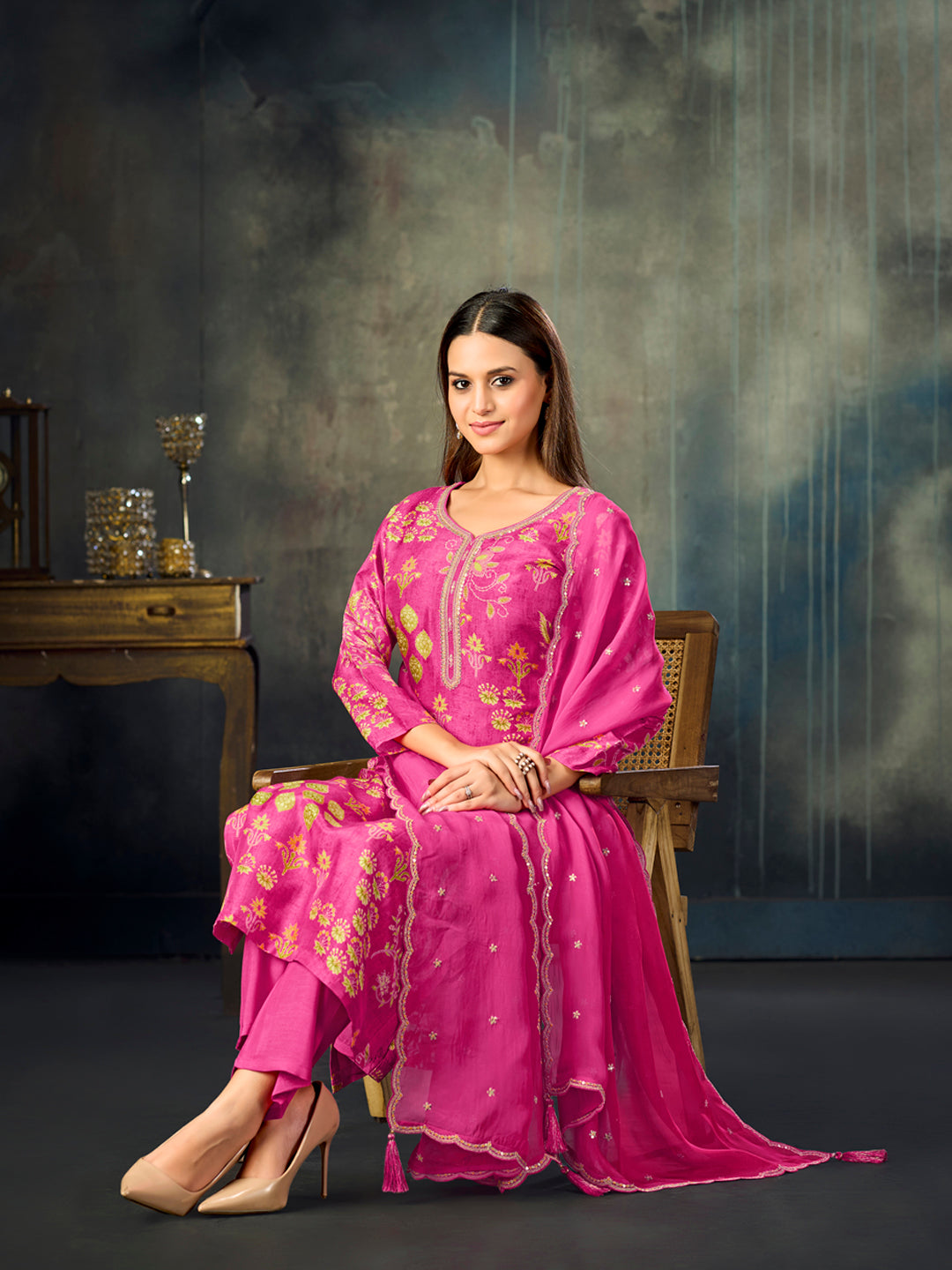 Pink Printed With Handwork Straight Kurta With Dyed Trousers And Embroidered Dupatta