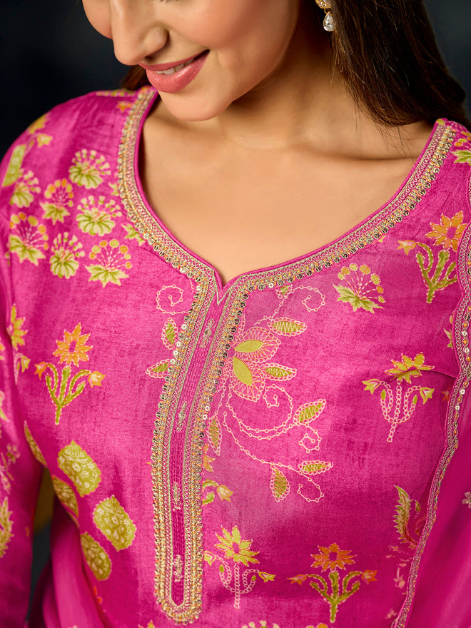 Pink Printed With Handwork Straight Kurta With Dyed Trousers And Embroidered Border Dupatta