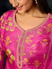 Pink Printed With Handwork Straight Kurta With Dyed Trousers And Embroidered Border Dupatta