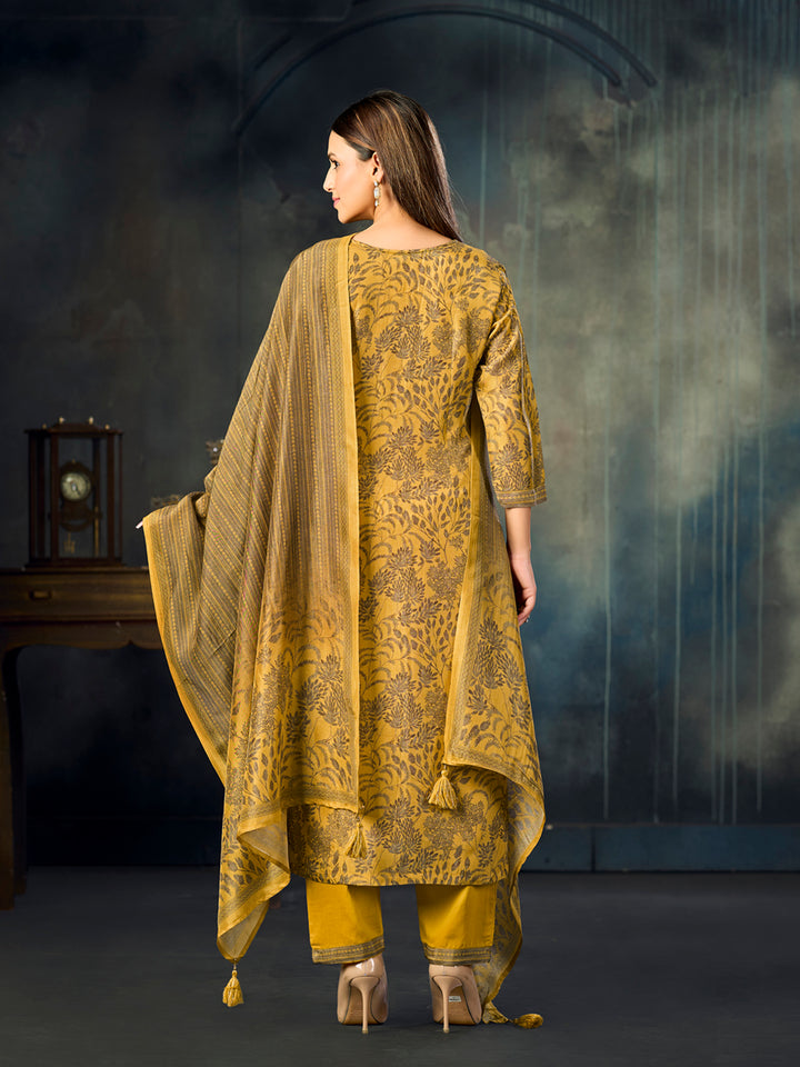 Mustard Printed With Handwork Straight Kurta With Dyed Trousers And Printed Dupatta