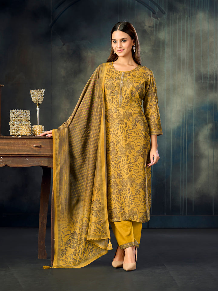 Mustard Printed With Handwork Straight Kurta With Dyed Trousers And Printed Dupatta