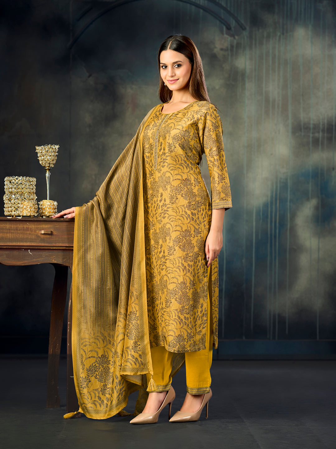 Mustard Printed With Handwork Straight Kurta With Dyed Trousers And Printed Dupatta