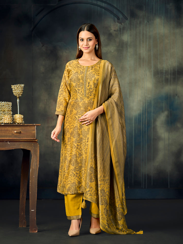 Mustard Printed With Handwork Straight Kurta With Dyed Trousers And Printed Dupatta