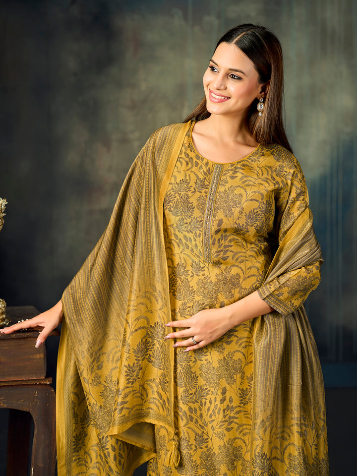 Mustard Printed With Handwork Straight Kurta With Dyed Trousers And Printed Dupatta