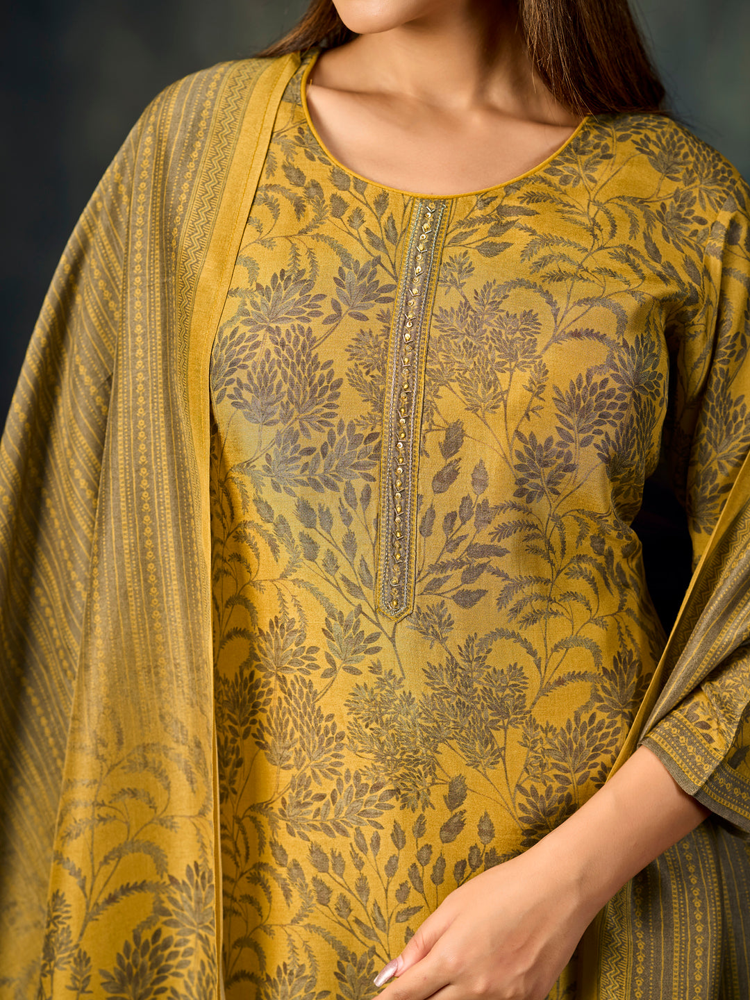 Mustard Printed With Handwork Straight Kurta With Dyed Trousers And Printed Dupatta