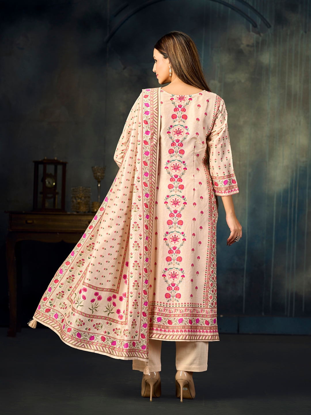 Cream Printed With Handwork Straight Kurta With Dyed Trousers And Printed Dupatta