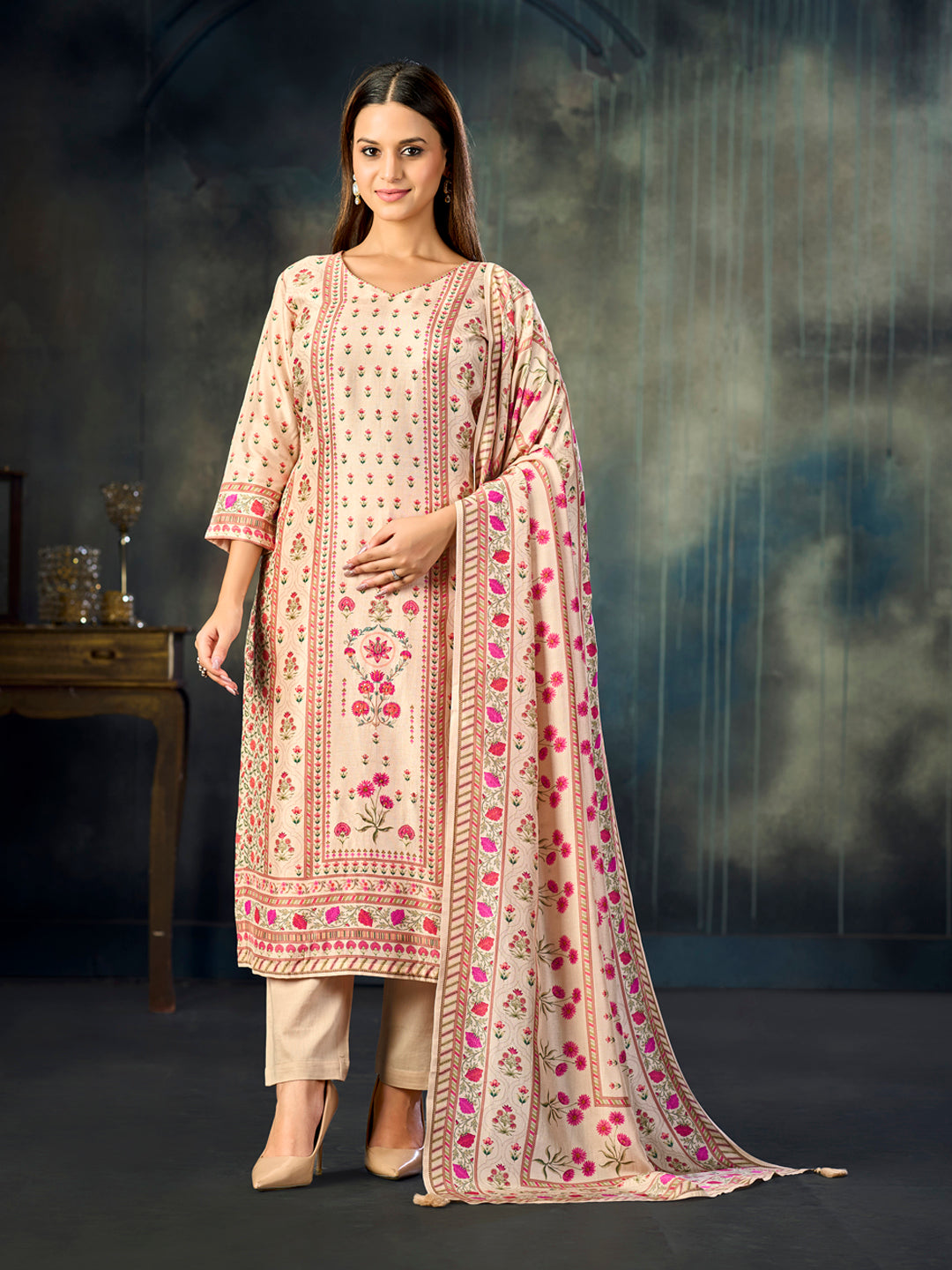 Cream Printed With Handwork Straight Kurta With Dyed Trousers And Printed Dupatta