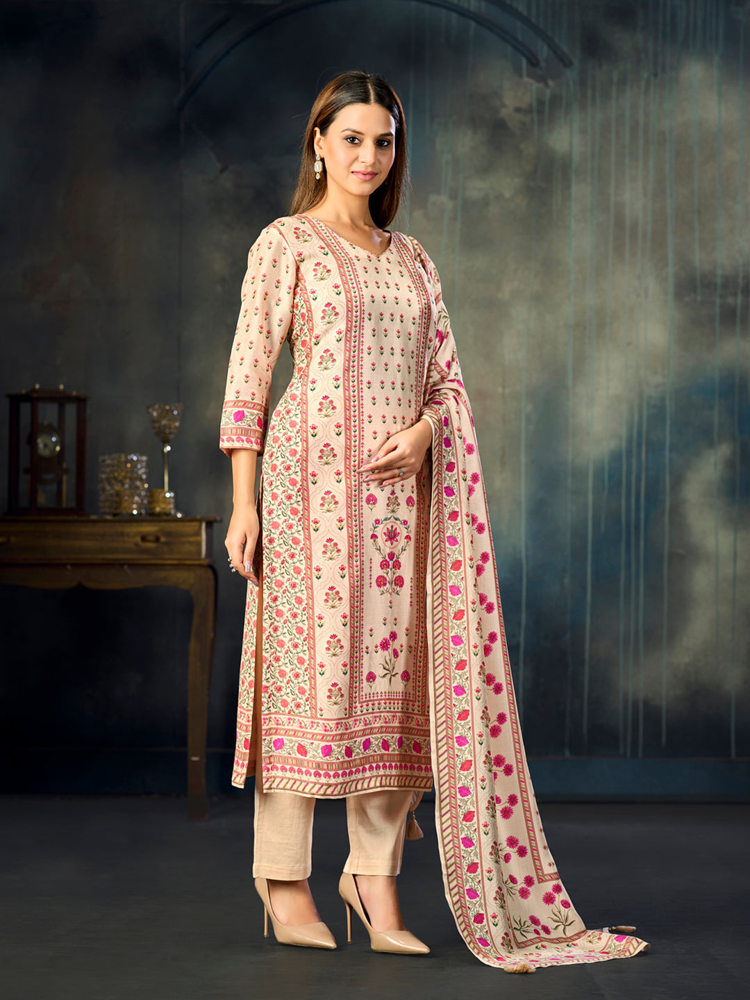 Cream Printed With Handwork Straight Kurta With Dyed Trousers And Printed Dupatta