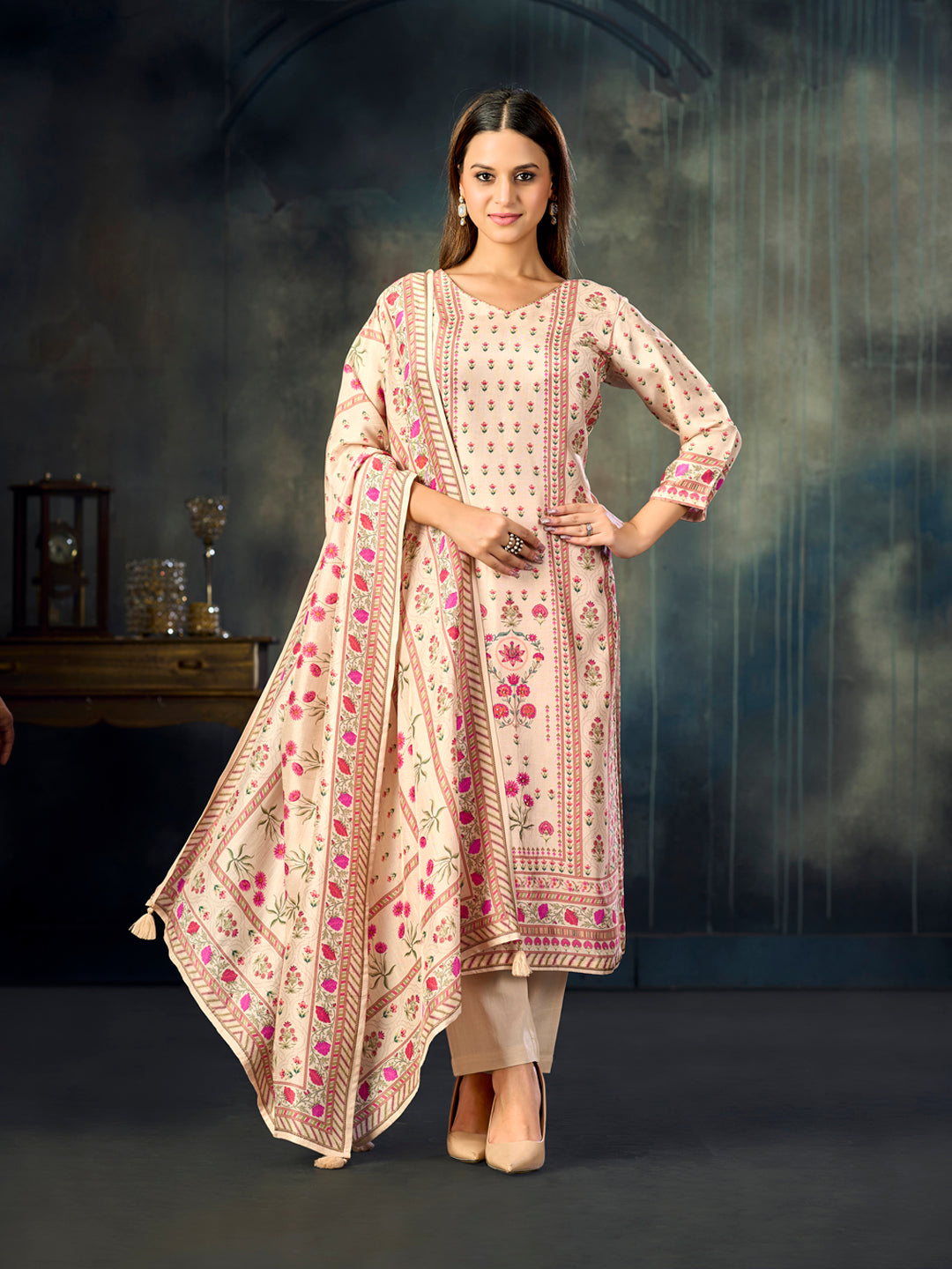 Cream Printed With Handwork Straight Kurta With Dyed Trousers And Printed Dupatta