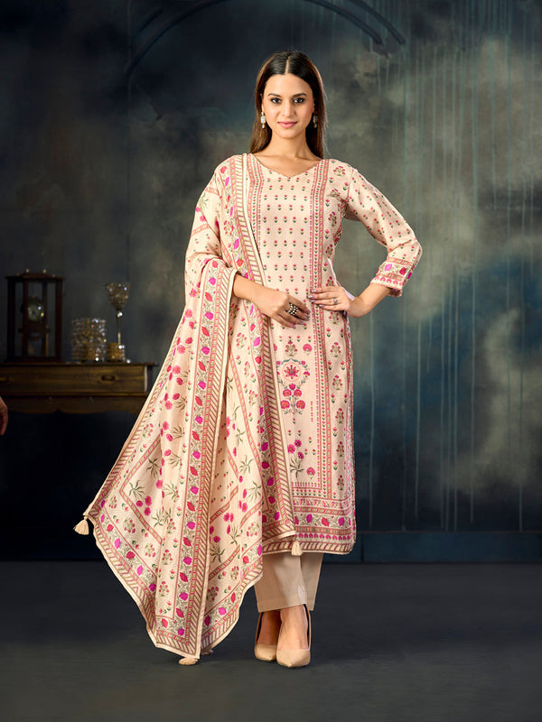 Cream Printed With Handwork Straight Kurta With Dyed Trousers And Printed Dupatta