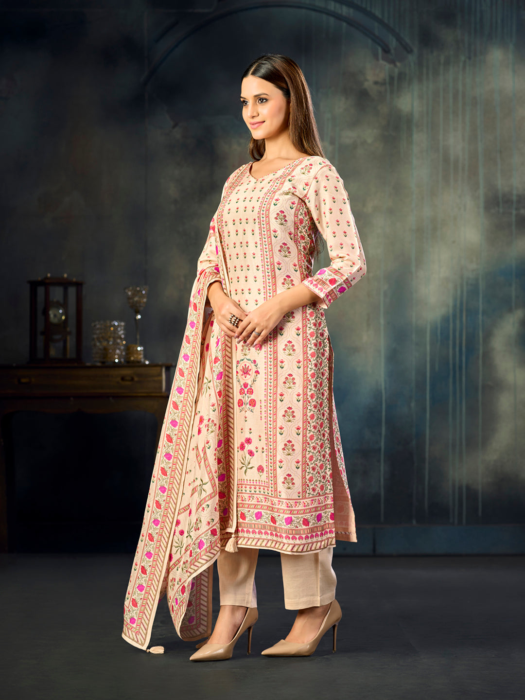 Cream Printed With Handwork Straight Kurta With Dyed Trousers And Printed Dupatta