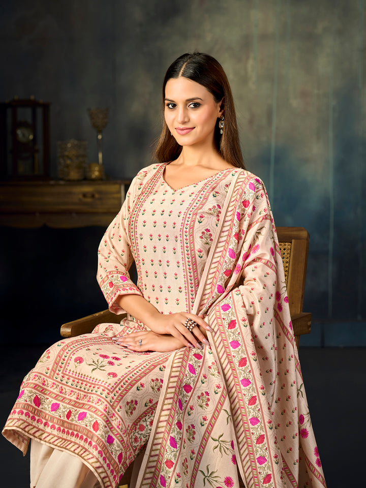 Cream Printed With Handwork Straight Kurta With Dyed Trousers And Printed Dupatta