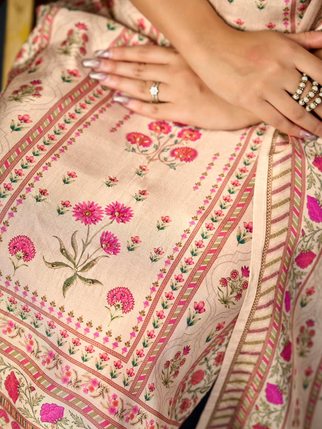 Cream Printed With Handwork Straight Kurta With Dyed Trousers And Printed Dupatta