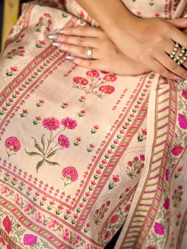 Cream Printed With Handwork Straight Kurta With Dyed Trousers And Printed Dupatta