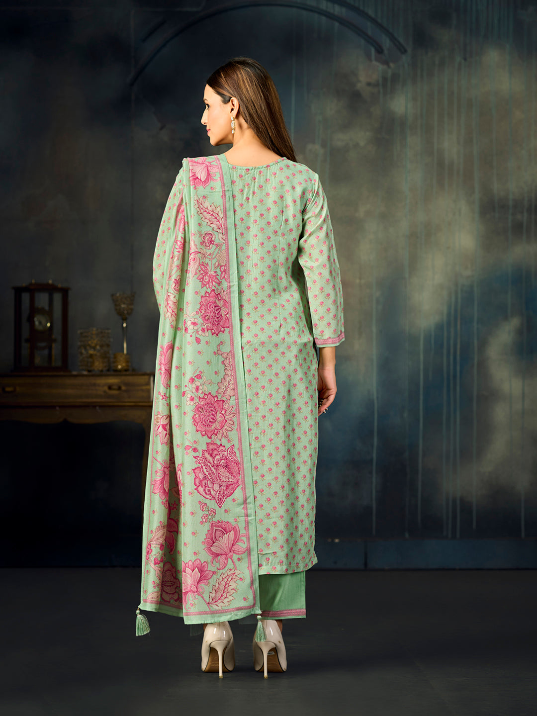 Turquoise Printed With Handwork Straight Kurta With Dyed Trousers And Printed Dupatta